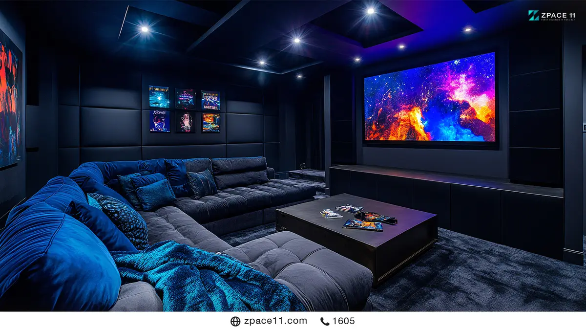 ห้อง Home Theater โทนน้ำเงินที่มีโซฟาเข้ามุมและจอ LED