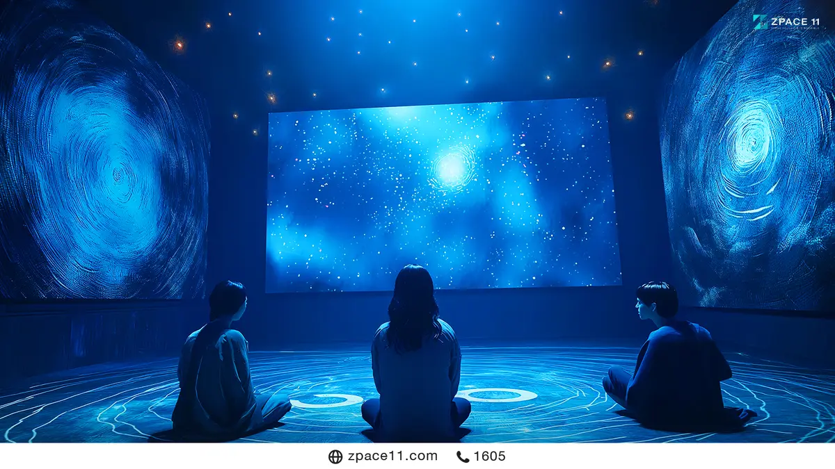 ผู้ชมสามคนนั่งชมงานศิลป์ดิจิทัลแบบอิมเมอร์ซีฟบนผนังและพื้น LED