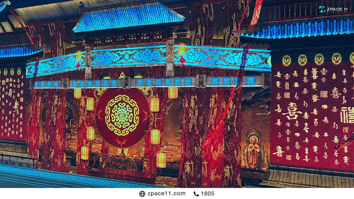 ผนังตกแต่งแบบจีนสีแดงทองในห้อง LED Immersive