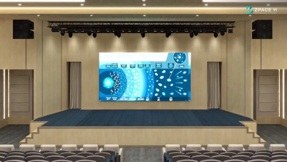 หอประชุมที่มีจอ LED ขนาดใหญ่เหนือเวที