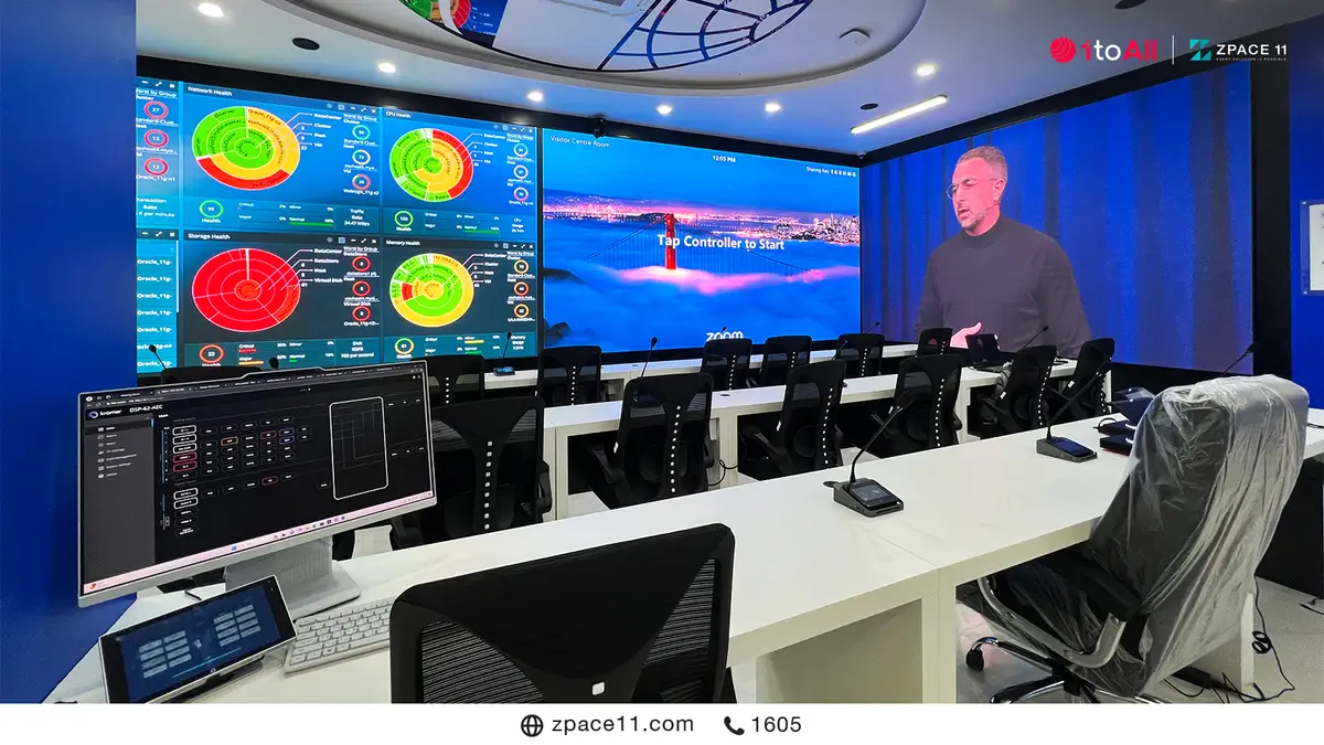 ห้อง Control Room ที่มีจอ LED หลายจอและโต๊ะประชุมยาว