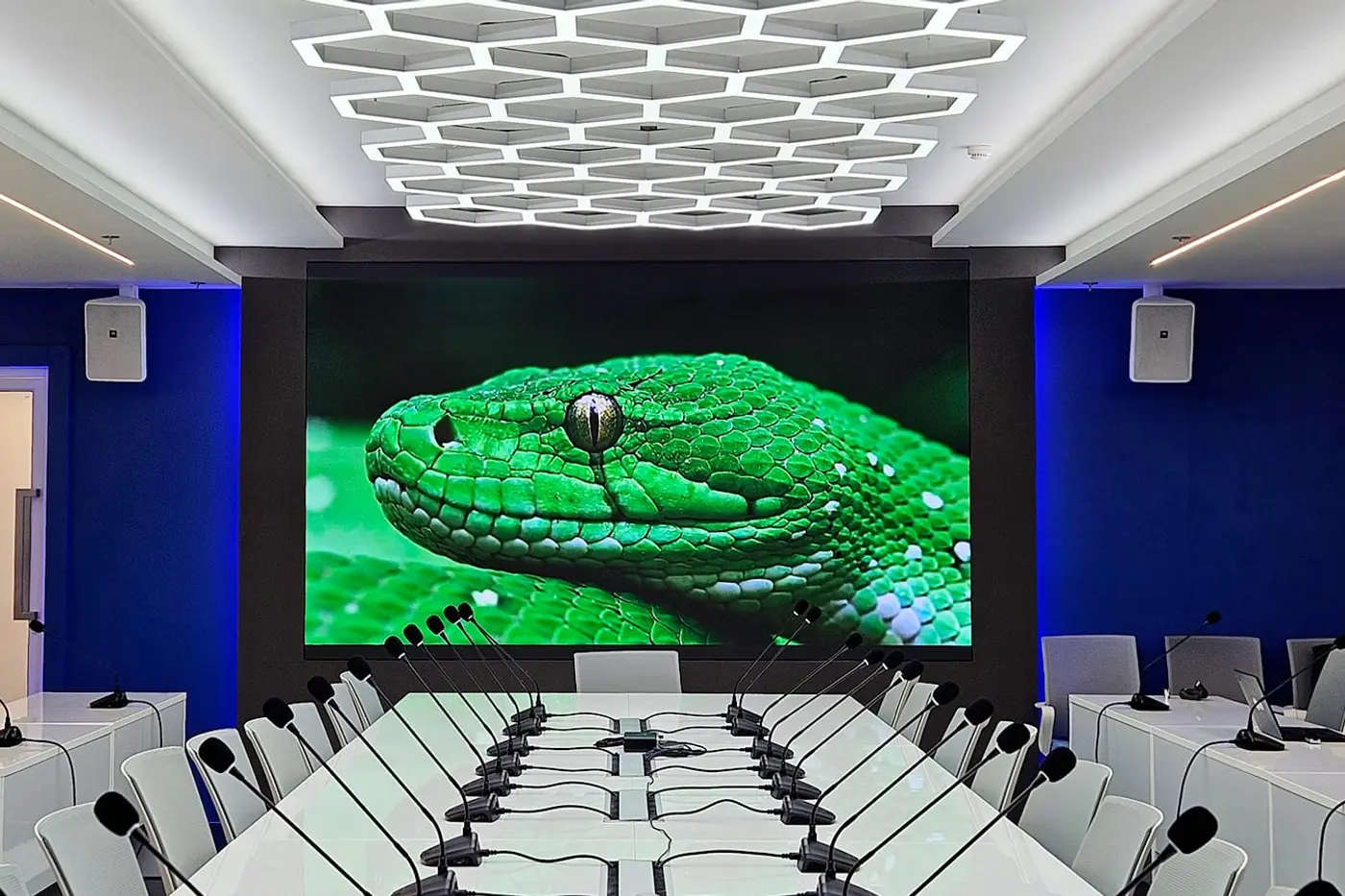ห้องประชุมพร้อมจอ LED แสดงภาพงูเขียว และไมโครโฟนทุกที่นั่ง