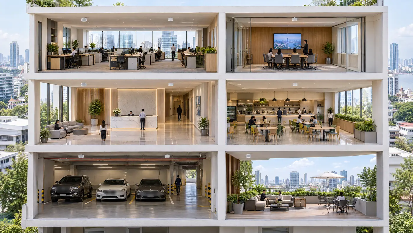 ภาพตัดอาคารสำนักงานที่มีหกโซน: สำนักงาน ห้องประชุม ล็อบบี้ โรงอาหาร ลานจอดรถ และพื้นที่กลางแจ้ง