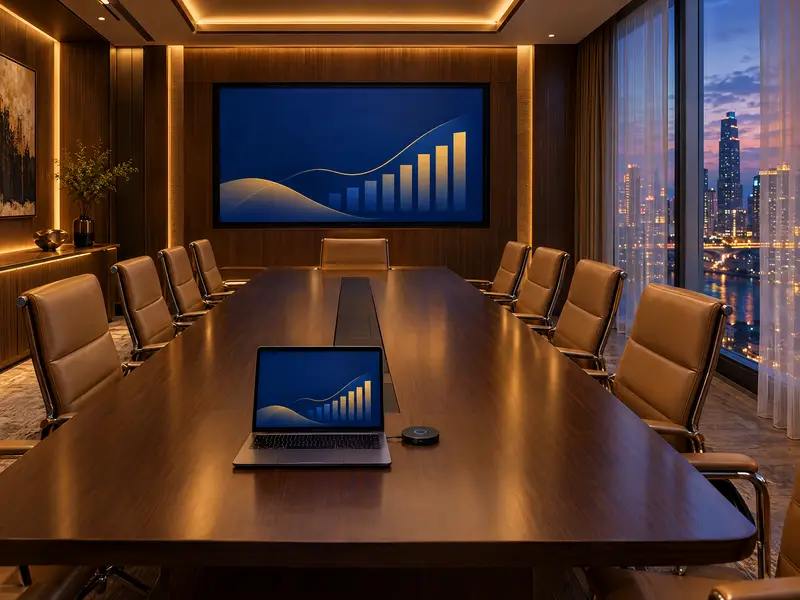 ภาพจำลอง: ห้องประชุมผู้บริหารโทนอบอุ่นยามเย็น แชร์กราฟจากแล็ปท็อปขึ้นจอแบบไร้สาย
