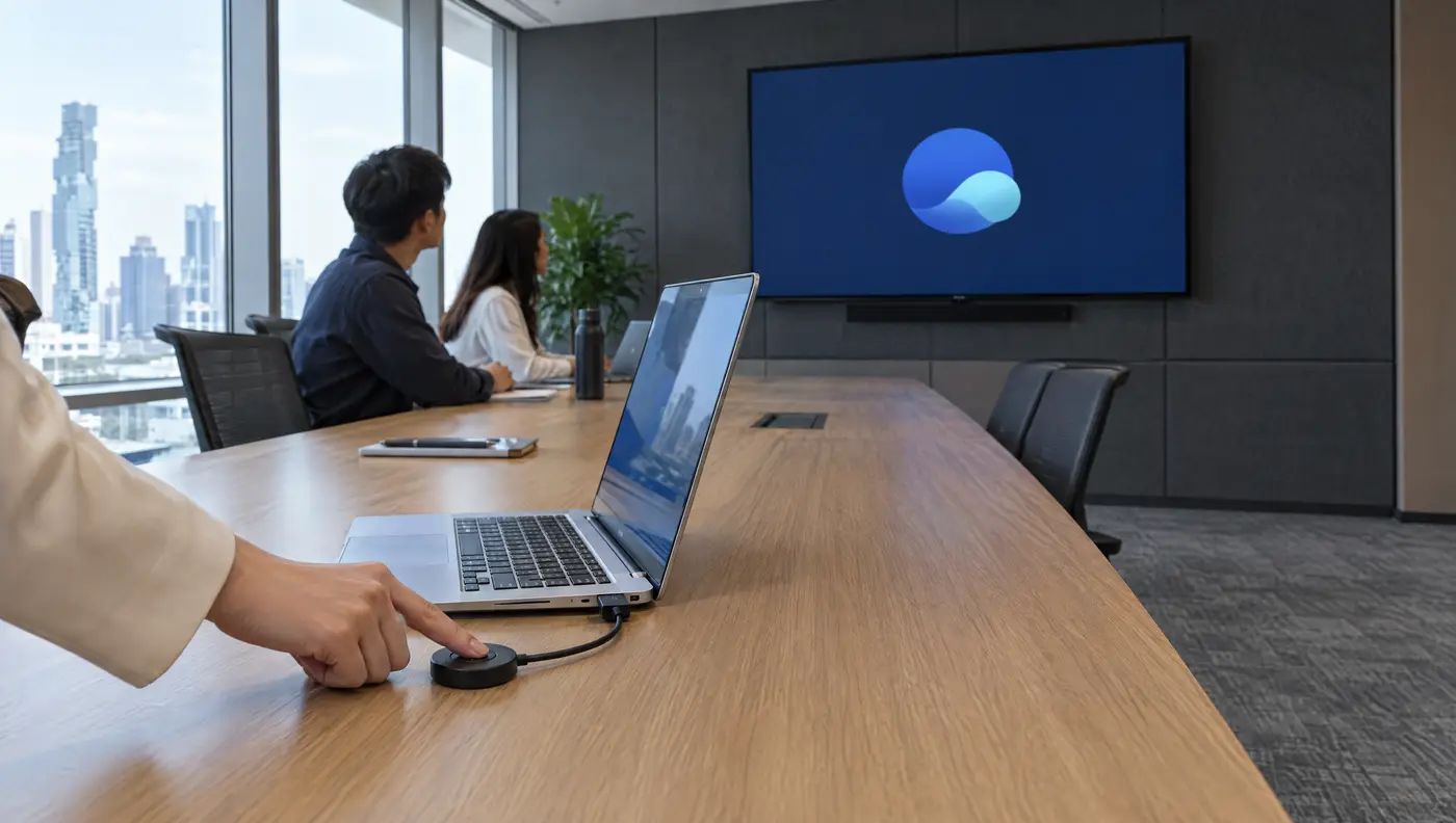 ภาพจำลอง: มือกดปุ่มแชร์ USB-C ข้างแล็ปท็อป จอในห้องรอรับภาพ