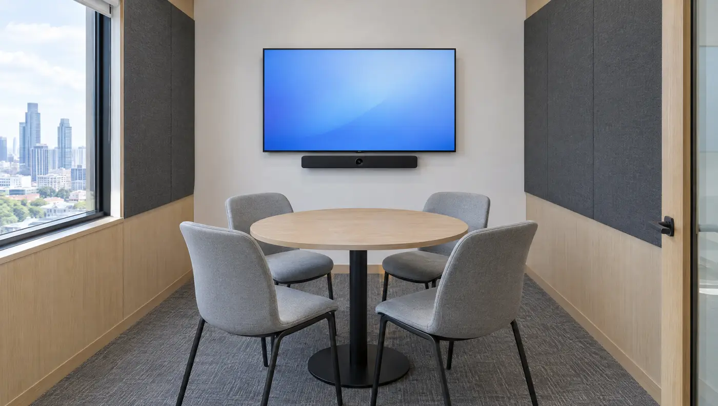 ภาพจำลอง: ห้องประชุมเล็ก (2–4 ที่นั่ง) · video bar แบบ all-in-one VB130