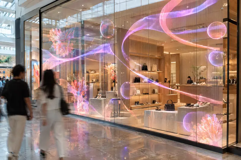 หน้าร้านที่มีกราฟิกบนจอ LED โปร่งใส มองเห็นร้านด้านใน