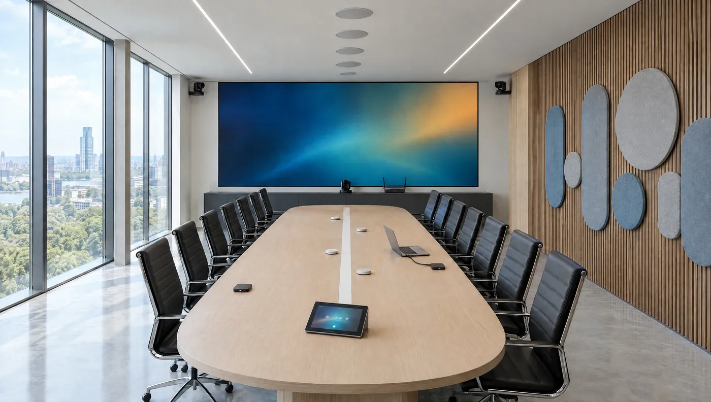 ห้องประชุม 16 ที่นั่งที่สว่างโปร่ง จอ LED ขนาดใหญ่สุดโต๊ะไม้โอ๊กยาว พร้อมกล้อง แผ่นซับเสียง และลำโพงฝังฝ้า